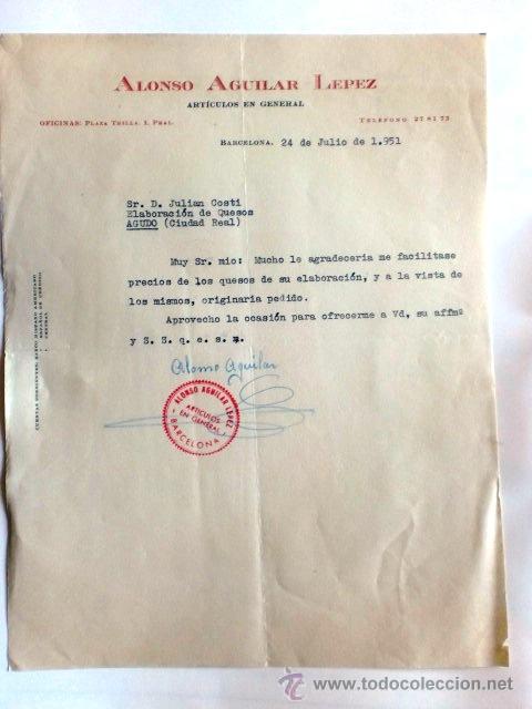 Cartas comerciales: CARTA COMERCIAL. BARCELONA. JULIO 1951.ALONSO AGUILAR LEPEZ. ARTICULOS EN GENERAL.