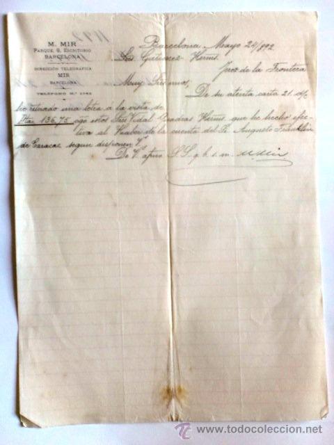 Cartas comerciales: CARTA COMERCIAL. BARCELONA. MAYO 1892. M. MIR.