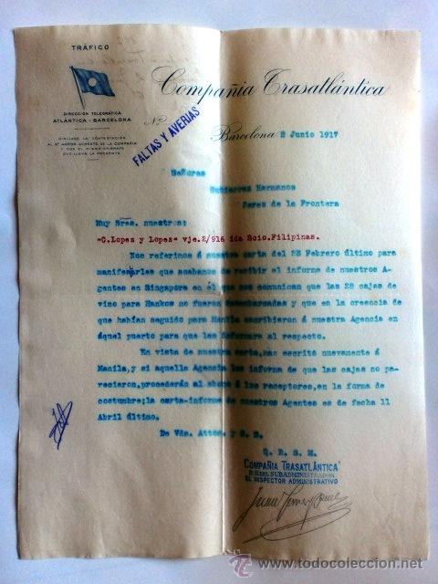 Cartas comerciales: CARTA COMERCIAL. BARCELONA. JUNIO 1917. COMPA&Ntilde;IA TRASATLANTICA. FALTAS Y AVERIAS.
