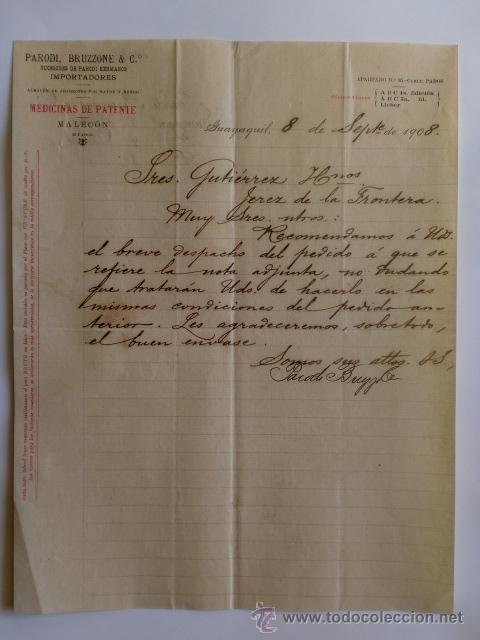 Cartas comerciales: CARTA COMERCIAL. ECUADOR. MALECON. SEPBRE 1908. PARODI, BRUZZONE & C&ordm;. IMPORTADORES.