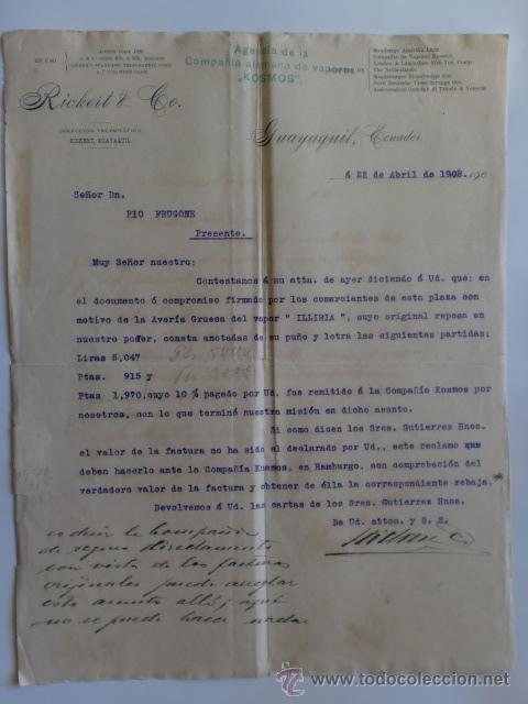 Lettere commerciali: CARTA COMERCIAL. ECUADOR. GUAYAQUIL. ABRIL 1908. RICKERT & C&ordm;. COMPA&Ntilde;IA ALEMANA DE VAPORES KOSMOS.