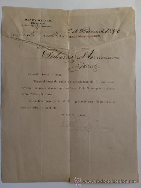 Lettres commerciales: CIRCULAR. COLOMBIA. HONDA. ENERO 1890. HENRY HALLAM