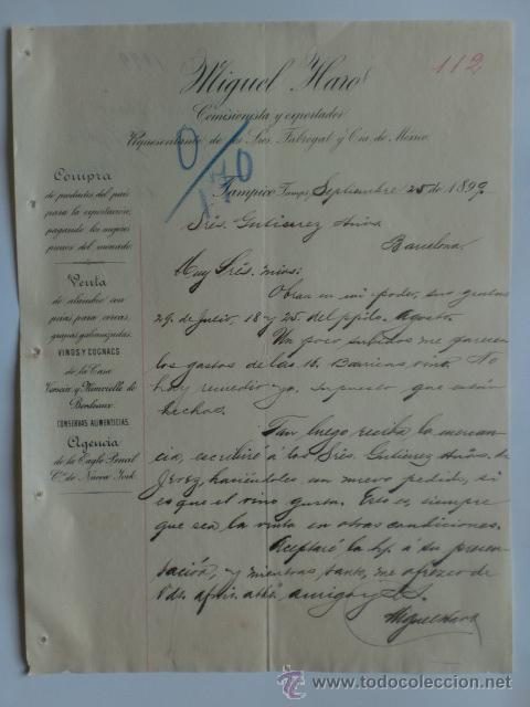 Cartas comerciales: CARTA COMERCIAL. MEXICO. TAMPICO. SEPTIEMBRE 1899. MIGUEL HARO. COMISIONISTA Y EXPORTADOR.