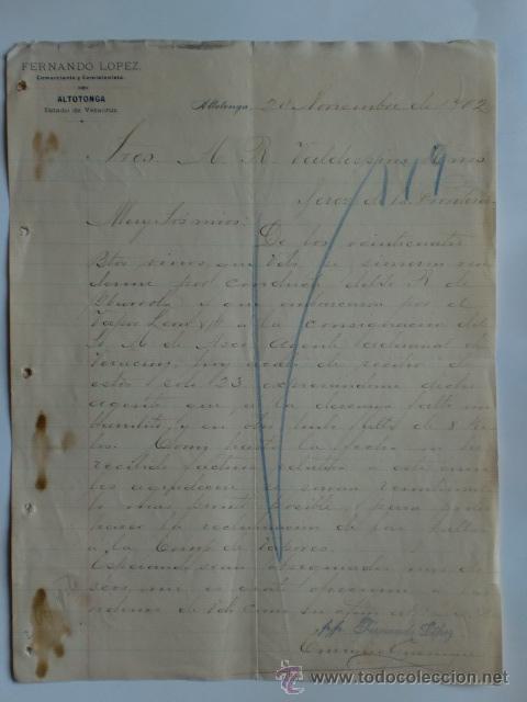 Lettres commerciales: CARTA COMERCIAL. MEXICO. ALTOTONGA. NOVBRE 1902. FERNANDO LOPEZ. COMERCIANTE Y COMISIONISTA.