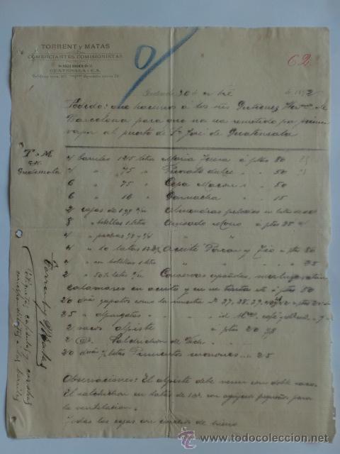 Lettres commerciales: CARTA COMERCIAL. GUATEMALA. NOVBRE 1892. TORRENT Y MATAS. COMERCIANTES Y COMISIONISTAS.
