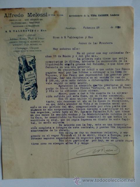 Cartas comerciais: CARTA COMERCIAL. CHILE. SANTIAGO. FEBRERO 1930. ALFREDO MELOSSI. IMPORTADOR Y REPRESENTANTE.