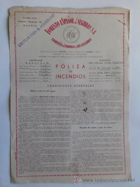 Lettres commerciales: POLIZA DE SEGUROS. MADRID. FEBRERO 1952. FOMENTO ESPA&Ntilde;OL DE SEGUROS, S. A.