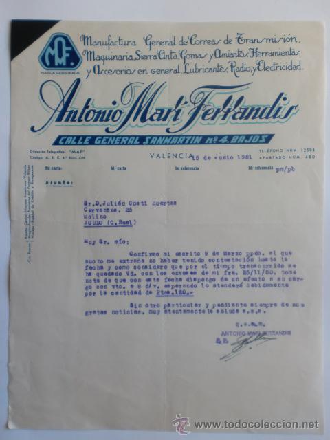 Cartas comerciales: CARTA COMERCIAL. VALENCIA. JUNIO 1951. ANTONIO MARI FERRANDIS. MAQUINRIA EN GENERAL..