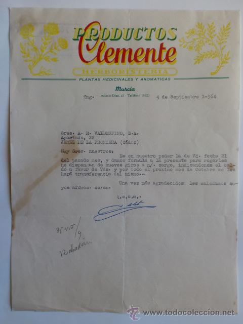 Cartas comerciales: CARTA COMERCIAL. MURCIA. SEPBRE 1964. PRODUCTOS CLEMENTE. PLANTAS MEDICINALES.