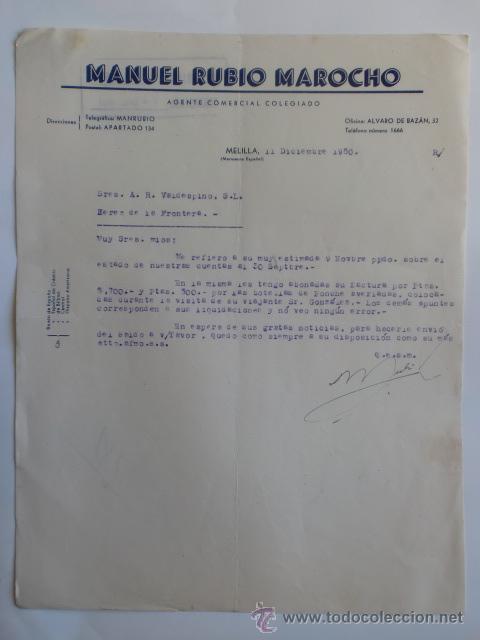 Cartas comerciales: CARTA COMERCIAL. MELILLA. DICBRE 1950. MANUEL RUBIO MAROCHO. AGENTE COMERCIAL COLEGIADO.