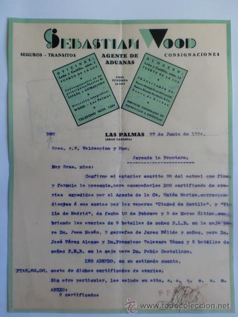 Cartas comerciales: CARTA COMERCIAL. LAS PALMAS. JUNIO 1934. SEBASTIAN WOOD. AGENTE DE ADUANAS.