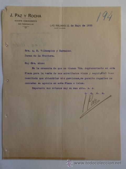 Cartas comerciales: CARTA COMERCIAL. LAS PALMAS. MAYO 1920. J. PAZ Y ROCHA. AGENTE COMISIONISTA.
