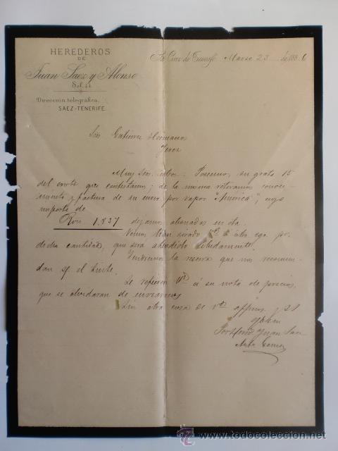Cartas comerciales: CARTA COMERCIAL. STA. CRUZ DE TENERIFE. MARZO 1886. HEREDEROS DE JUAN SAEZ Y ALONSO.