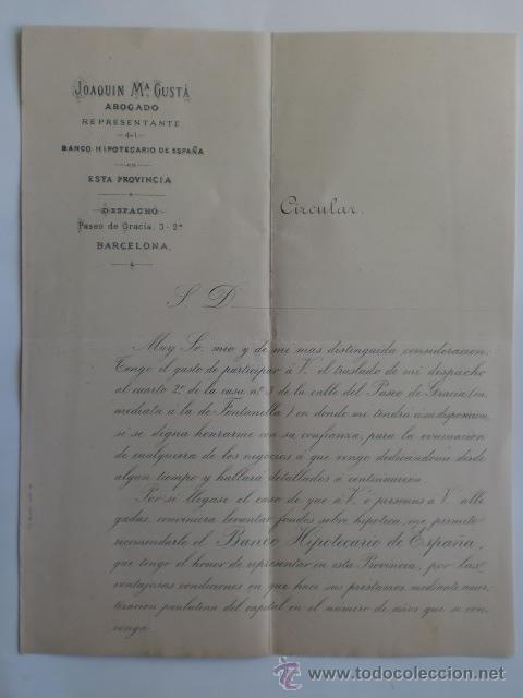Cartas comerciales: CIRCULAR. BARCELONA. 1886. JOAQUIN M&ordf; GUSTA. ABOGADO REPRESENTANTE DEL BANCO HIPOTECARIO DE ESPA&Ntilde;A.