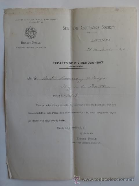 Cartas comerciales: CIRCULAR. BARCELONA. JUNIO 1897. ERNEST NOBLE. SUN LIFE ASSURANCE SOCIETY.