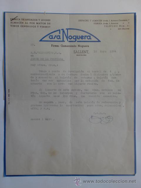 Cartas comerciales: CARTA COMERCIAL. BARCELONA. SALLENT. MAYO 1964. GUMERSINDO NOGUERA. CASA NOGUERA, FBRICA DE ANISADOS