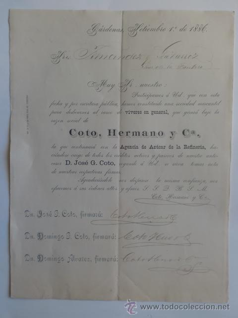 Cartas comerciales: CIRCULAR. CARDENAS. SEPBRE 1886. COTO, HERMANO Y CIA.
