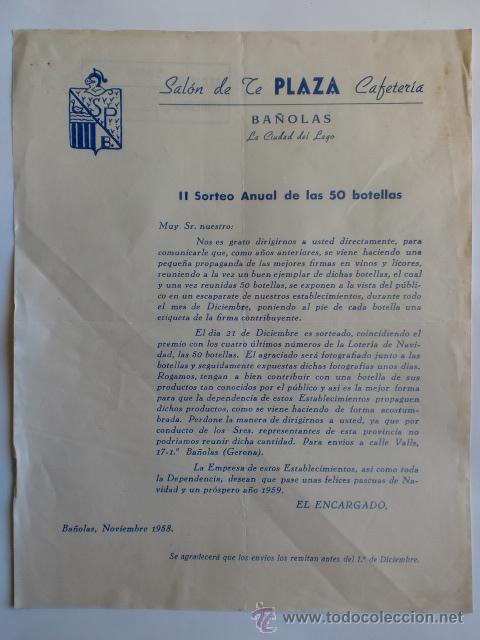Cartas comerciales: CIRCULAR. GERONA. BA&Ntilde;OLAS. NOVBRE 1958. SALON DE TE PLAZA, CAFETERIA.