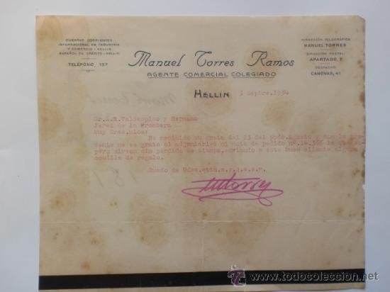 Cartas comerciales: CARTA COMERCIAL. ALBACETE. HELLIN. SEPBRE 1934. MANUEL TORRES RAMOS. AGENTE COMERCIAL COLEGIADO.