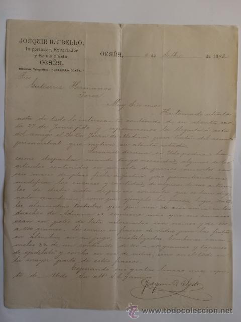 Cartas comerciales: CARTA COMERCIAL. TOLEDO. OCA&Ntilde;A. SEPBRE 1893. JOAQUIN R. ABELLO. IMPORTADOR EXPORTADOR.