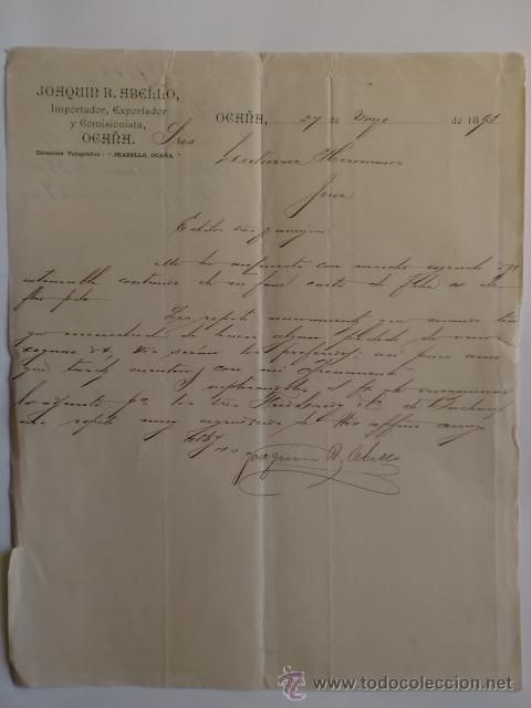Cartas comerciales: CARTA COMERCIAL. TOLEDO. OCA&Ntilde;A. MAYO 1893. JOAQUIN R. ABELLO. IMPORTADOR EXPORTADOR.