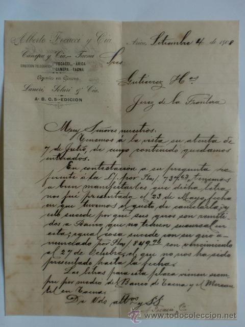Cartas comerciais: CARTA COMERCIAL. CHILE. ARICA. SEPTIEMBRE 1908. ALBERTO FOCACCI Y CIA.
