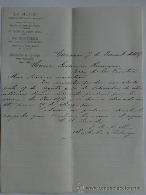 Lettres commerciales: CARTA COMERCIAL. VENEZUELA. CARACAS. DICBRE 1889. MACHADO Y ZULOAGA. LA MEJOR, VIVERES Y LICORES.
