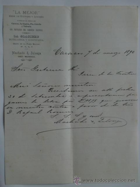 Lettres commerciales: CARTA COMERCIAL. VENEZUELA. CARACAS. MARZO 1890. MACHADO Y ZULOAGA. LA MEJOR, VIVERES Y LICORES.