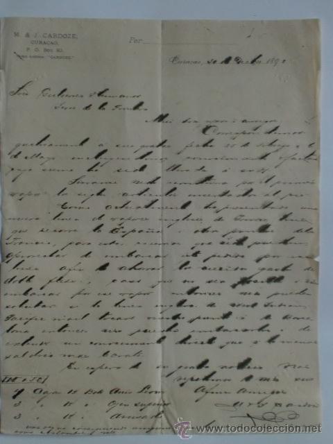 Lettres commerciales: CARTA COMERCIAL. VENEZUELA. CURACAO. DICBRE 1892. M. & J. CARDOZE.