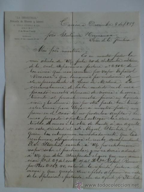 Lettres commerciales: CARTA COMERCIAL. VENEZUELA. CARACAS. DICBRE 1889. A. COLL OTERO Y CIA. LA INDUSTRIAL, VIVERES.