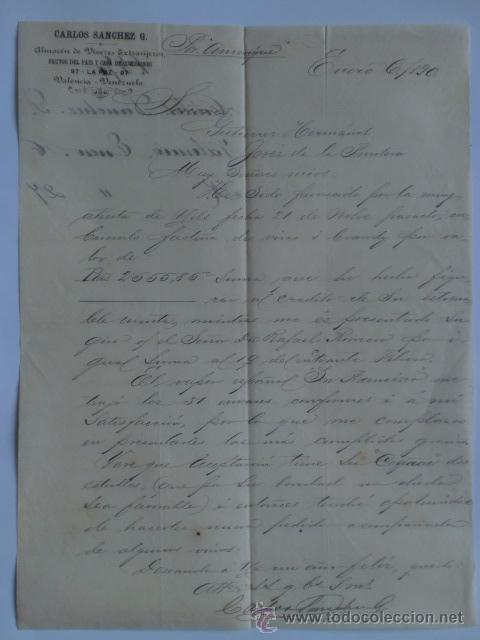 Lettres commerciales: CARTA COMERCIAL. VENEZUELA. VALENCIA. ENERO 1890. CARLOS SANCHEZ G. ALMACEN DE VIVERES.