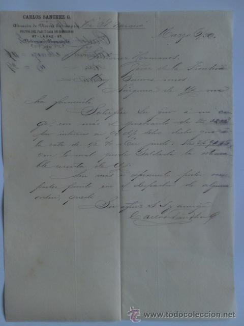 Lettres commerciales: CARTA COMERCIAL. VENEZUELA. VALENCIA. MARZO 1890. CARLOS SANCHEZ G. ALMACEN DE VIVERES.