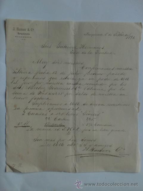 Lettres commerciales: CARTA COMERCIAL. VENEZUELA. BARQUISIMETO. SEPBRE 1891. J. HANSER & C&ordf;.