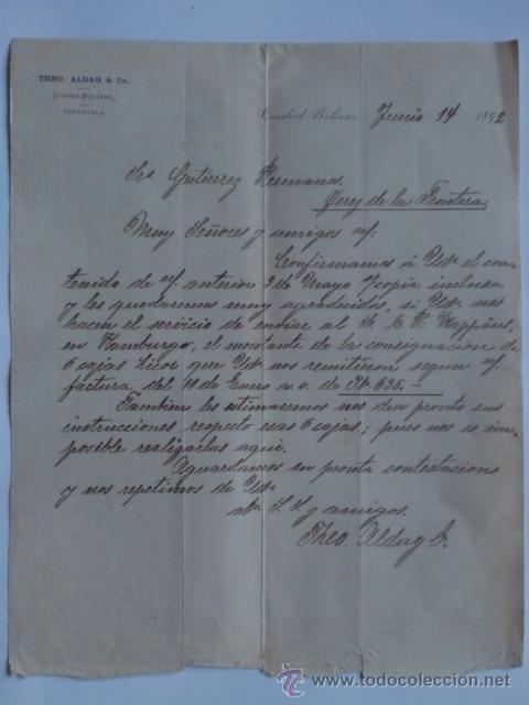 Lettres commerciales: CARTA COMERCIAL. VENEZUELA. CIUDAD DE BOLIVAR. JUNIO 1892. THEO. ALDAG & C&ordf;.