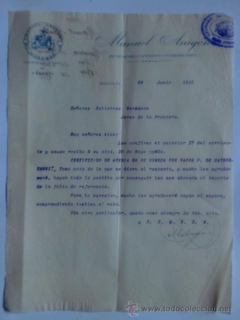 Lettres commerciales: CARTA COMERCIAL. ARGENTINA. MENDOZA. JUNIO 1910. MANUEL ARAGON. EXPORTACION DE VINOS.