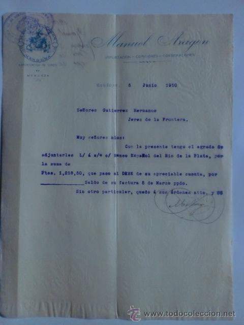Lettres commerciales: CARTA COMERCIAL. ARGENTINA. MENDOZA. JUNIO 1910. MANUEL ARAGON. EXPORTACION DE VINOS.