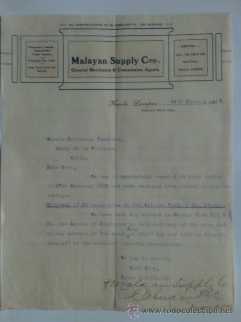 Lettres commerciales: CARTA COMERCIAL. MALASIA. KUALA LUMPUX. ENERO 1916. MALAYAN SUPPLY COY. GENERAL MERCHANTS.