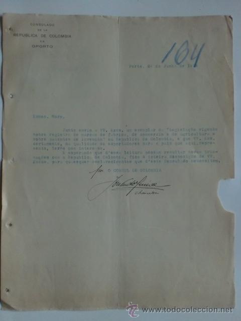 Lettres commerciales: CARTA COMERCIAL. PORTUGAL. OPORTO. JUNIO 1916. CONSULADO DE LA REPUBLICA DE COLOMBIA EN OPORTO.