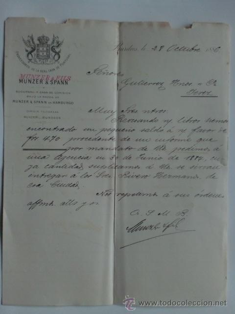 Lettres commerciales: CARTA COMERCIAL. FRANCIA. BURDEOS. OCTUBRE 1886. MUNZER & SPANN.