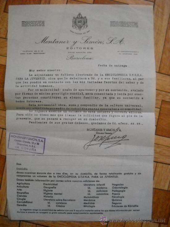 Cartas comerciales: CARTA PROMOCI&Oacute;N ENCICLOPEDIA U.T.E.H.A. PARA LA JUVENTUD DE MONTANER Y SIM&Oacute;N S.A. EDITORES