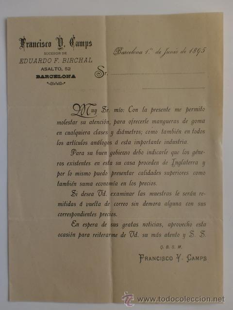 Lettres commerciales: CIRCULAR. BARCELONA. JUNIO 1895. FRANCISCO Y. CAMPS, SUCESOR DE EDUARDO F. BIRCHAL.