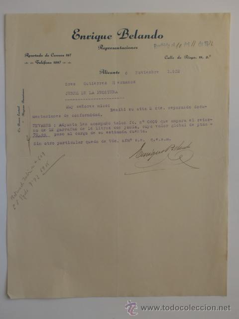 Cartas comerciales: CARTA COMERCIAL. ALICANTE. NOVIEMBRE 1932. ENRIQUE BELANDO. REPRESENTACIONES.