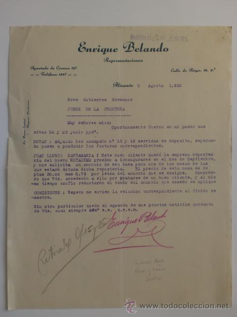 Cartas comerciales: CARTA COMERCIAL. ALICANTE. AGOSTO 1932. ENRIQUE BELANDO. REPRESENTACIONES.
