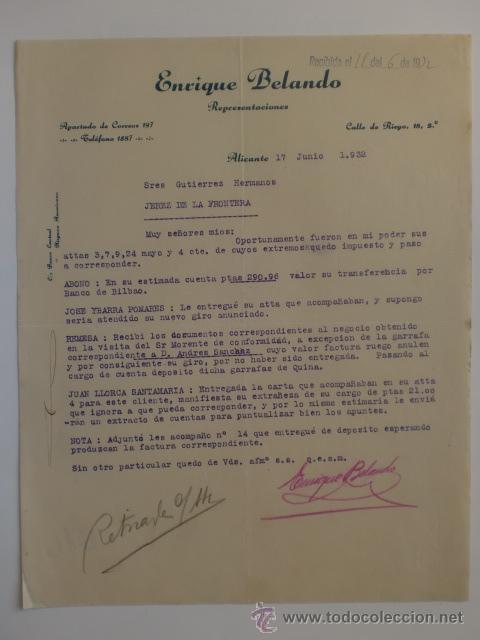 Cartas comerciales: CARTA COMERCIAL. ALICANTE. JUNIO 1932. ENRIQUE BELANDO. REPRESENTACIONES.