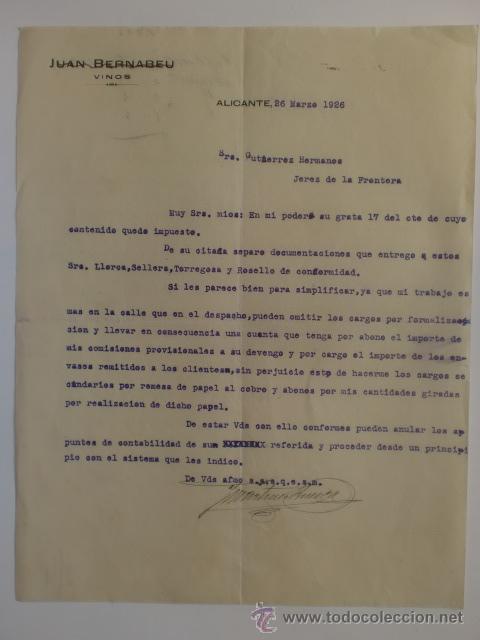 Cartas comerciales: CARTA COMERCIAL. ALICANTE. MARZO 1926. JUAN BERNABEU. VINOS.