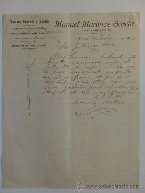 Cartas comerciales: CARTA COMERCIAL. SEVILLA. MORON. JULIO 1926. MANUEL MARTINEZ GARCIA. COLONIALES.