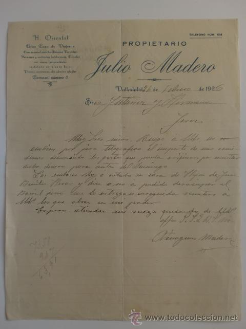 Cartas comerciales: CARTA COMERCIAL. VALLADOLID. FEBRERO 1926. JULIO MADERO. H. ORIENTAL.