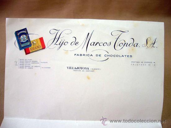 Lettres commerciales: CARTA, HOJA DE EMPRESA, HIJO DE MARCOS FONDA, FABRICA DE CHOCOLATES, VILLAJOYOSA, EN BLANCO