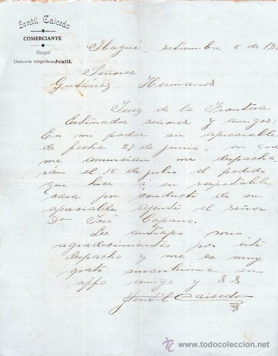 Commercial Letters: COMERCIANTE JENTIL CAICEDO, JBAGU&Eacute;, 1902