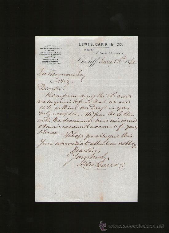 Lettere commerciali: CARTA COMERCIAL. CARDIFF. LEWIS, CARR & CO. CONFIRMACION DE CARGA Y DOCUMENTOS. 1869. VER.